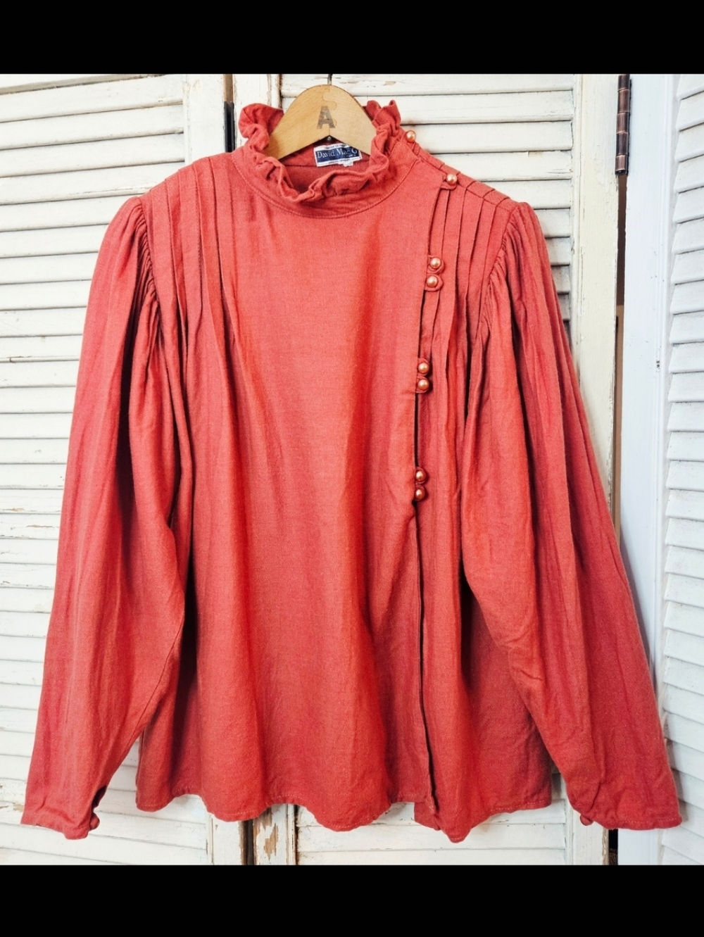 Vintage 70s Victorian Red Ruffle Neck Blouse With Asymmetrical Buttons M/L
